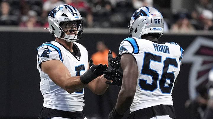 Sep 20, 2026; Atlanta, Georgia, USA; Carolina Panthers linebacker Jaelan Phillips (5) celebrates a sack with Carolina Panthers linebacker Jeremiah Moon (56) during the third quarter at Mercedes-Benz Stadium. Mandatory Credit: Dale Zanine-Imagn Images Sep 20, 2026; Atlanta, Georgia, USA; Carolina Panthers linebacker Jaelan Phillips (5) celebrates a sack with Carolina Panthers linebacker Jeremiah Moon (56) during the third quarter at Mercedes-Benz Stadium. Mandatory Credit: Dale Zanine-Imagn Images