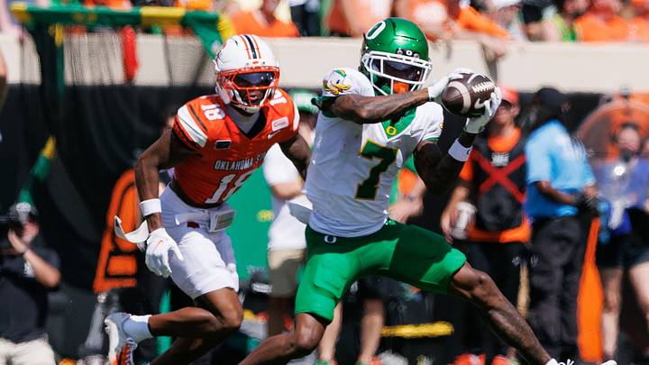 Evan Stewart and Oregon are likely to drop in the college football polls after an upset loss to Oklahoma State. (William Purnell-Imagn Images) Evan Stewart and Oregon are likely to drop in the college football polls after an upset loss to Oklahoma State. (William Purnell-Imagn Images)