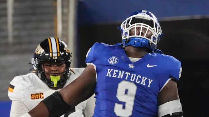 Kentucky’s Keeshawn Silver celebrates some good D against Southern Miss Saturday night at Kroger Field.
Aug. 31, 2024