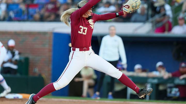 Florida State starting pitcher Lisabella Dimitrijevic (33) pitches during a NCAA softball game at Katie Seashole Pressly Stadium in Gainesville, FL on Tuesday, April 28, 2026. [Alan Youngblood/Gainesville Sun]