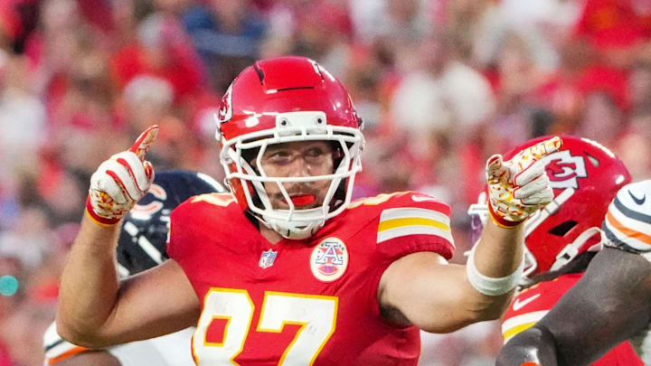 Aug 22, 2025; Kansas City, Missouri, USA; Kansas City Chiefs tight end Travis Kelce (87) celebrates after a catch and run against the Chicago Bears during the first half of the game at GEHA Field at Arrowhead Stadium. Mandatory Credit: Denny Medley-Imagn Images