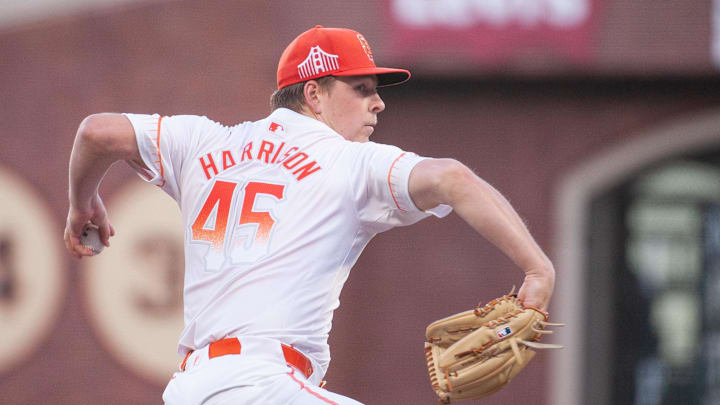 Aug 13, 2024; San Francisco, California, USA;  San Francisco Giants pitcher Kyle Harrison (45) throws a pitch against the Atlanta Braves during the third inning at Oracle Park. 