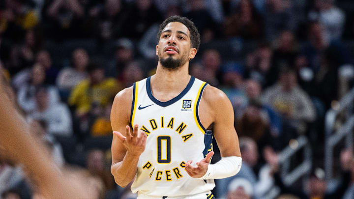 Feb 26, 2025; Indianapolis, Indiana, USA; Indiana Pacers guard Tyrese Haliburton (0) celebrates a made basket in the second half against the Toronto Raptors at Gainbridge Fieldhouse. Mandatory Credit: Trevor Ruszkowski-Imagn Images