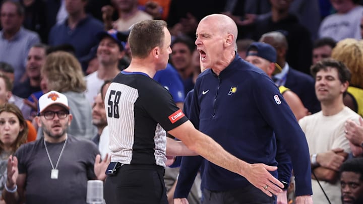 May 8, 2024; New York, New York, USA; Indiana Pacers head coach Rick Carlisle argues with an