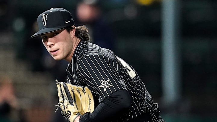 Vanderbilt pitcher Bryce Cunningham (97) sets up to pitch against Ole Miss during the eighth inning