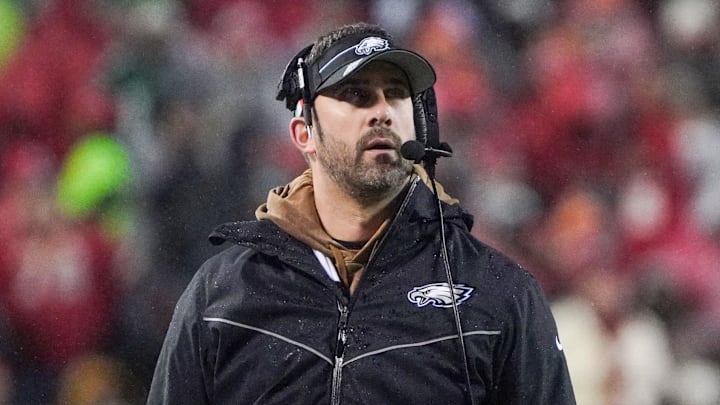 Nov 20, 2023; Kansas City, Missouri, USA; Philadelphia Eagles head coach Nick Sirianni watches the