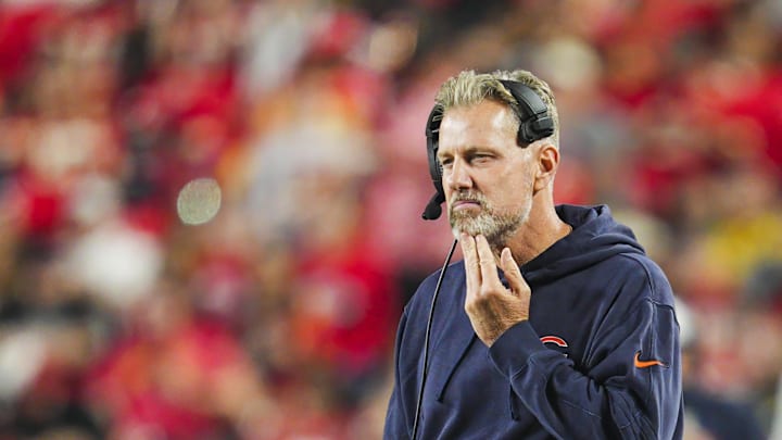 Aug 22, 2024; Kansas City, Missouri, USA; Chicago Bears head coach Matt Eberflus at GEHA Field at Arrowhead Stadium. Mandatory Credit: Jay Biggerstaff-Imagn Images