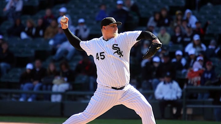 Chicago White Sox relief pitcher Bobby Jenks (45) delivers a pitch in the ninth inning of a game against the Toronto Blue Jays at US Cellular Field. The Blue Jays defeated the White Sox 9-7 in 2010. Chicago White Sox relief pitcher Bobby Jenks (45) delivers a pitch in the ninth inning of a game against the Toronto Blue Jays at US Cellular Field. The Blue Jays defeated the White Sox 9-7 in 2010.