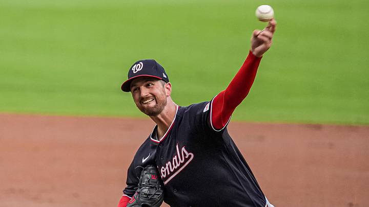 Jul 31, 2026; Cumberland, Georgia, USA; Washington Nationals pitcher Foster Griffin (22) pitches against the Atlanta Braves during the first inning at Truist Park. Mandatory Credit: Dale Zanine-Imagn Images Jul 31, 2026; Cumberland, Georgia, USA; Washington Nationals pitcher Foster Griffin (22) pitches against the Atlanta Braves during the first inning at Truist Park. Mandatory Credit: Dale Zanine-Imagn Images