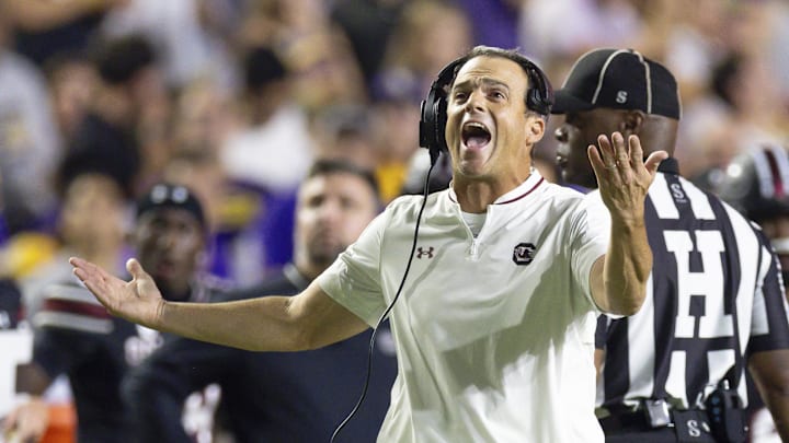 Oct 11, 2025; Baton Rouge, Louisiana, USA; South Carolina Gamecocks head coach Shane Beamer reacts to a play against the LSU Tigers during the second half at Tiger Stadium. Mandatory Credit: Stephen Lew-Imagn Images Oct 11, 2025; Baton Rouge, Louisiana, USA; South Carolina Gamecocks head coach Shane Beamer reacts to a play against the LSU Tigers during the second half at Tiger Stadium. Mandatory Credit: Stephen Lew-Imagn Images