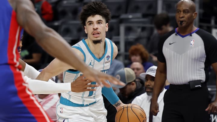 Jan 24, 2024; Detroit, Michigan, USA;  Charlotte Hornets guard LaMelo Ball (1) dribbles in the second half against the Detroit Piston at Little Caesars Arena. Mandatory Credit: Rick Osentoski-Imagn Images