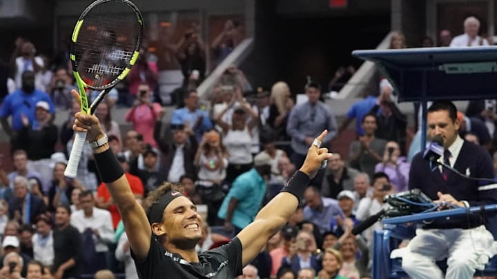 Sept 10, 2017; New York, NY, USA; Rafael Nadal of Spain celebrates after beating Kevin Anderson of South Africa in the men's final in Ashe Stadium at the USTA Billie Jean King National Tennis Center. Mandatory Credit: Robert Deutsch-Imagn Images Sept 10, 2017; New York, NY, USA; Rafael Nadal of Spain celebrates after beating Kevin Anderson of South Africa in the men's final in Ashe Stadium at the USTA Billie Jean King National Tennis Center. Mandatory Credit: Robert Deutsch-Imagn Images