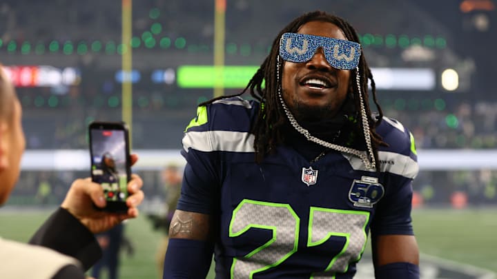 Jan 17, 2026; Seattle, WA, USA; Seattle Seahawks cornerback Riq Woolen (27) celebrates following an NFC Divisional Round game against the San Francisco 49ers at Lumen Field. Jan 17, 2026; Seattle, WA, USA; Seattle Seahawks cornerback Riq Woolen (27) celebrates following an NFC Divisional Round game against the San Francisco 49ers at Lumen Field.
