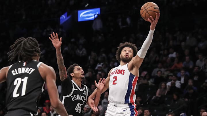 Nov 3, 2024; Brooklyn, New York, USA; Detroit Pistons guard Cade Cunningham (2) catches a pass in front of Brooklyn Nets guard Keon Johnson (45) in the second quarter at Barclays Center. Mandatory Credit: Wendell Cruz-Imagn Images Nov 3, 2024; Brooklyn, New York, USA; Detroit Pistons guard Cade Cunningham (2) catches a pass in front of Brooklyn Nets guard Keon Johnson (45) in the second quarter at Barclays Center. Mandatory Credit: Wendell Cruz-Imagn Images