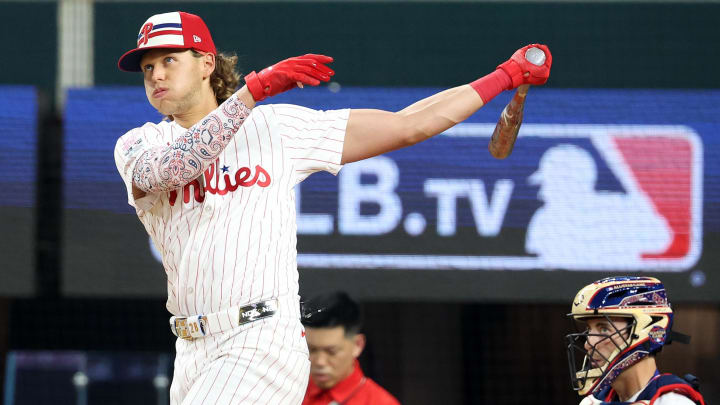 Jul 15, 2024; Arlington, TX, USA; National League third baseman Alec Bohm of the Philadelphia Phillies (28) competes during the 2024 Home Run Derby at Globe Life Field. 