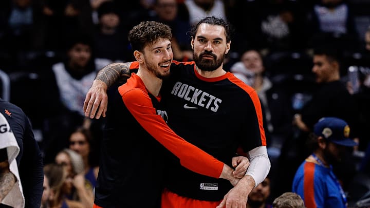 Jan 15, 2025; Denver, Colorado, USA; Houston Rockets center Alperen Sengun (28) and center Steven Adams (12) look on in the fourth quarter against the Denver Nuggets at Ball Arena. Mandatory Credit: Isaiah J. Downing-Imagn Images
