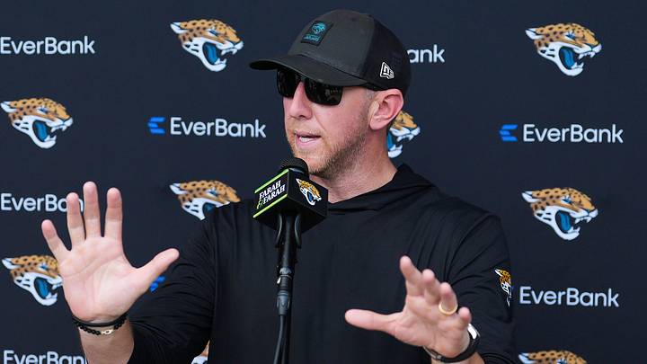 Jacksonville Jaguars head coach Liam Coen talks after the Jaguars final Organized Team Activity on Monday, June 15, 2026 at the Miller Electric Center in Jacksonville, Fla. [Doug Engle/Florida Times-Union]