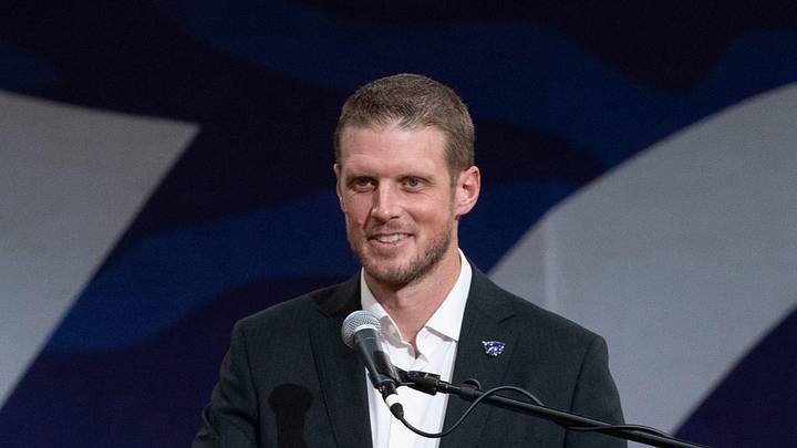 Kansas State new head football coach Collin Klein makes remarks at his introduction ceremony at Morgan Family Arena on Dec. 5, 2025. Kansas State new head football coach Collin Klein makes remarks at his introduction ceremony at Morgan Family Arena on Dec. 5, 2025.