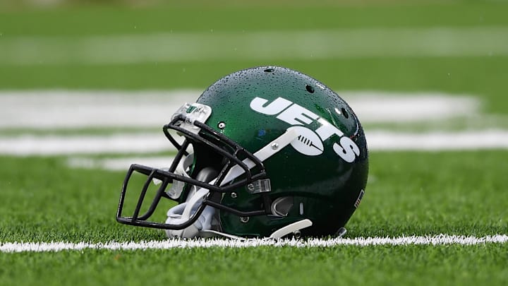Dec 29, 2019; Orchard Park, New York, USA; General view of a New York Jets helmet prior to the game against the Buffalo Bills at New Era Field. Mandatory Credit: Rich Barnes-Imagn Images