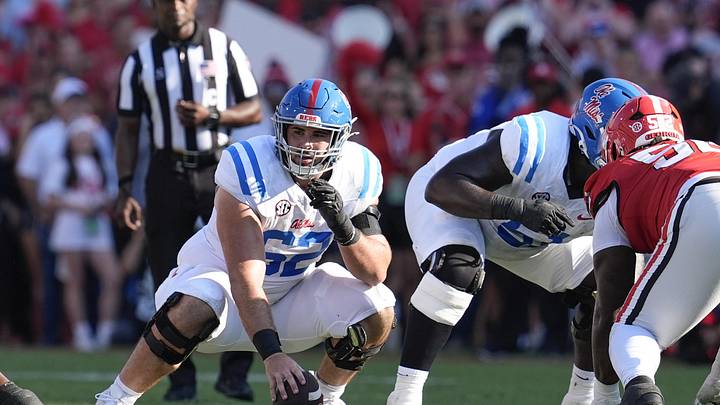 Oct 18, 2025; Athens, Georgia, USA; Mississippi Rebels offensive lineman Brycen Sanders (62) at the line of scrimmage against the Georgia Bulldogs during the first half of the game at Sanford Stadium. Mandatory Credit: Dale Zanine-Imagn Images Oct 18, 2025; Athens, Georgia, USA; Mississippi Rebels offensive lineman Brycen Sanders (62) at the line of scrimmage against the Georgia Bulldogs during the first half of the game at Sanford Stadium. Mandatory Credit: Dale Zanine-Imagn Images