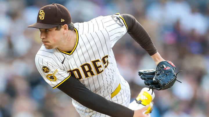 May 9, 2026; San Diego, California, USA; San Diego Padres relief pitcher Mason Miller (22) throws a pitch during the eighth inning against the St. Louis Cardinals at Petco Park. Mandatory Credit: David Frerker-Imagn Images