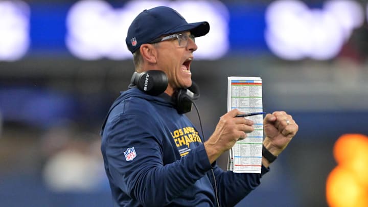 Nov 30, 2025; Inglewood, California, USA; Los Angeles Chargers head coach Jim Harbaugh reacts during the second half at SoFi Stadium. Mandatory Credit: Jayne Kamin-Oncea-Imagn Images Nov 30, 2025; Inglewood, California, USA; Los Angeles Chargers head coach Jim Harbaugh reacts during the second half at SoFi Stadium. Mandatory Credit: Jayne Kamin-Oncea-Imagn Images