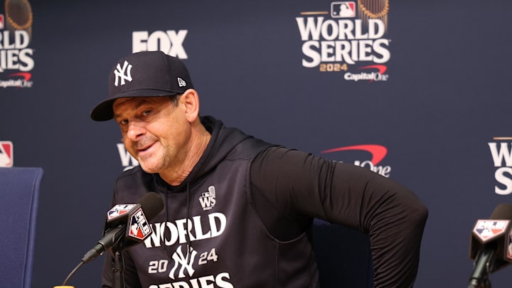 Oct 24, 2024; Los Angeles, CA, USA;  New York Yankees manager Aaron Boone (17) speaks to the media during a press conference on workout day at Dodgers Stadium.