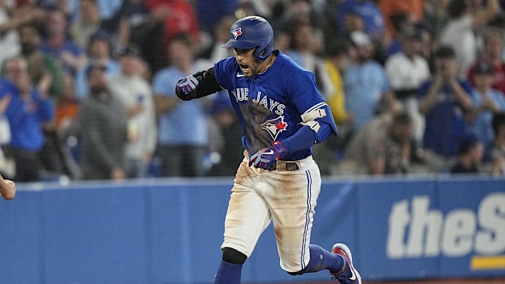 Sep 30, 2022; Toronto, Ontario, CAN; Toronto Blue Jays center fielder George Springer (4) reacts