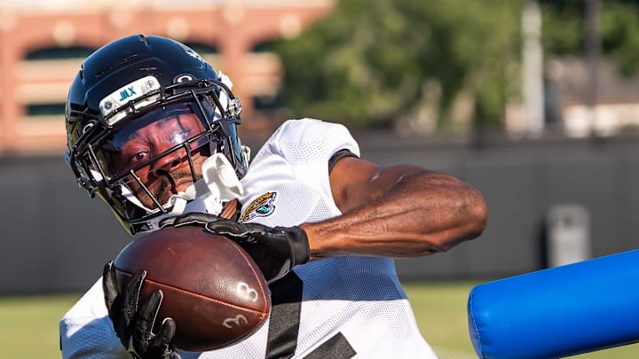 Jacksonville Jaguars cornerback Jourdan Lewis (2) hauls in a pass while running drills during an NFL training camp fifth session at the Miller Electric Center, Monday, July 28, 2025, in Jacksonville, Fla. [Doug Engle/Florida Times-Union]