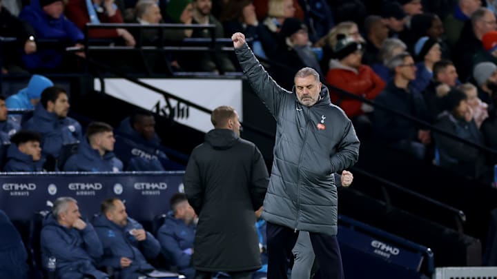 Ange Postecoglu celebrates during the win over Manchester City