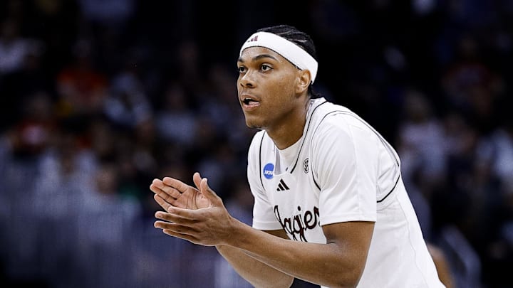 March 20, 2025; Denver, CO, USA; Texas A&M Aggies guard Zhuric Phelps (1) reacts during the first half against the Yale Bulldogs at Ball Arena. Mandatory Credit: Isaiah J. Downing-Imagn Images
