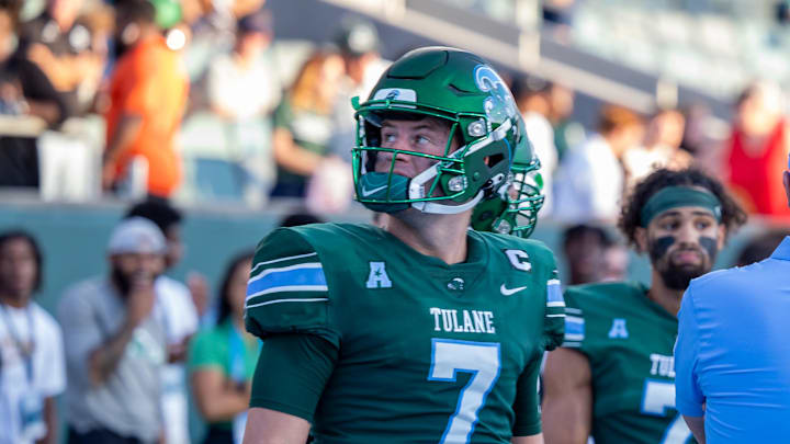Sep 2, 2023; New Orleans, Louisiana, USA;  Tulane Green Wave quarterback Michael Pratt (7) looks on