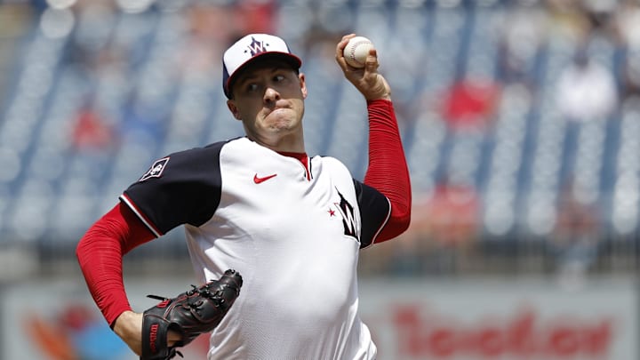 Aug 22, 2024; Washington, District of Columbia, USA; Washington Nationals starting pitcher Patrick Corbin (46) pitches against the Colorado Rockies during the second inning at Nationals Park. Mandatory Credit: Geoff Burke-USA TODAY Sports