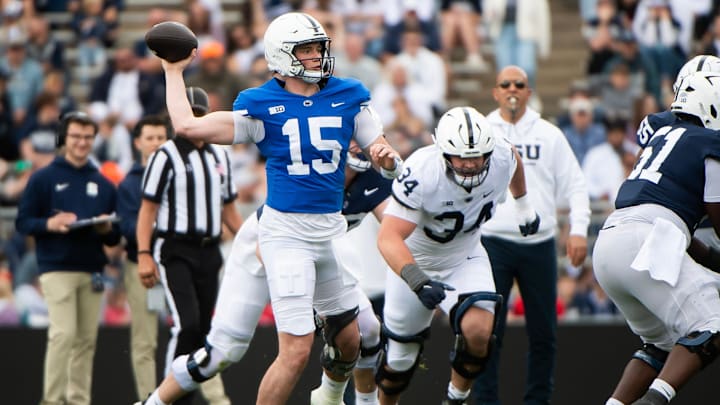 Penn State quarterback Drew Allar (15) throws the ball during the Blue-White game at Beaver Stadium on Saturday, April 26, 2025, in State College. The White team defeated the Blue team, 10-8. Penn State quarterback Drew Allar (15) throws the ball during the Blue-White game at Beaver Stadium on Saturday, April 26, 2025, in State College. The White team defeated the Blue team, 10-8.