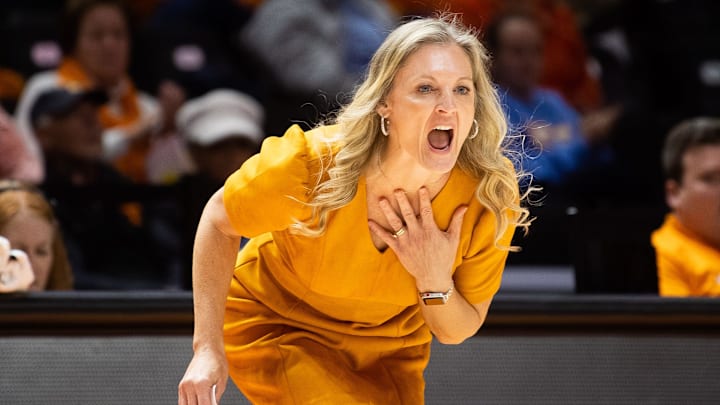 Tennessee head coach Kellie Harper yells out to her players during a basketball game between the Lady Vols and Wofford held at at Thompson-Boling Arena at Food City Center on Tuesday, Dec. 19, 2023.