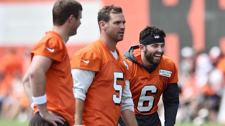Jul 26, 2019; Berea, OH, USA; Cleveland Browns quarterback Baker Mayfield (6) laughs with Jul 26, 2019; Berea, OH, USA; Cleveland Browns quarterback Baker Mayfield (6) laughs with