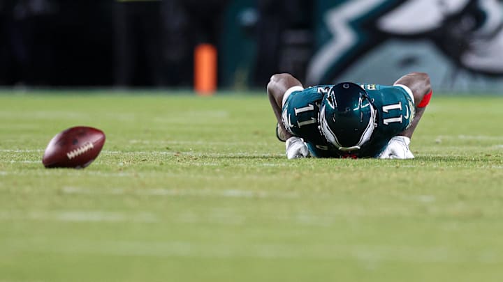 Jan 11, 2026; Philadelphia, PA, USA; Philadelphia Eagles wide receiver A.J. Brown (11) on the turf after a missed catch against the San Francisco 49ers in an NFC Wild Card Round game at Lincoln Financial Field. Mandatory Credit: Bill Streicher-Imagn Images Jan 11, 2026; Philadelphia, PA, USA; Philadelphia Eagles wide receiver A.J. Brown (11) on the turf after a missed catch against the San Francisco 49ers in an NFC Wild Card Round game at Lincoln Financial Field. Mandatory Credit: Bill Streicher-Imagn Images