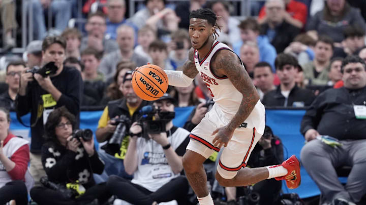 Mar 22, 2025; Providence, RI, USA; St. John's Red Storm guard Deivon Smith (5) dribbles during the second half of a second round men’s NCAA Tournament game against the Arkansas Razorbacks at Amica Mutual Pavilion. Mandatory Credit: Gregory Fisher-Imagn Images