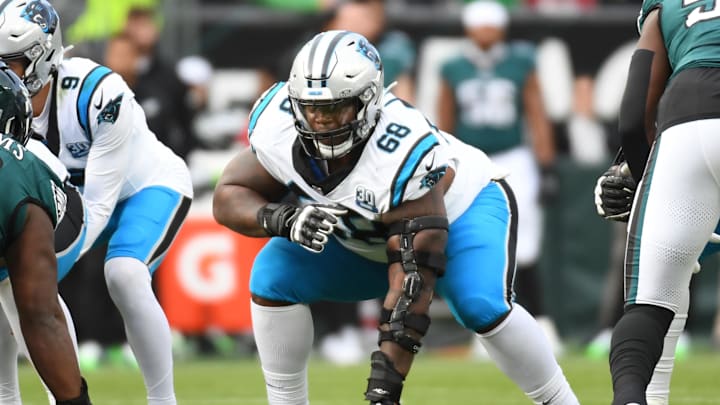 Dec 8, 2024; Philadelphia, Pennsylvania, USA; Carolina Panthers guard Damien Lewis (68) against the Philadelphia Eagles at Lincoln Financial Field. Mandatory Credit: Eric Hartline-Imagn Images