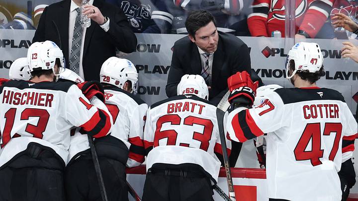 Jan 11, 2026; Winnipeg, Manitoba, CAN; New Jersey Devils assistant coach Jeremy Colliton talks over a play during a game against the Winnipeg Jets in the third period at Canada Life Centre. Mandatory Credit: James Carey Lauder-Imagn Images