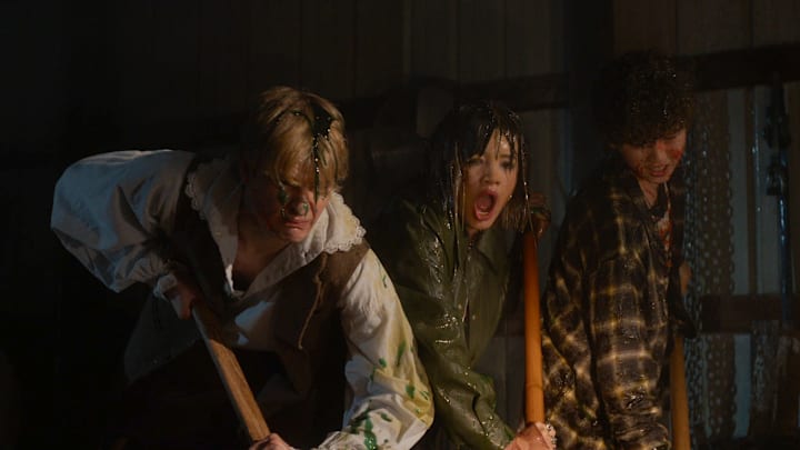 CARVED - When a heartbroken teenage playwright, her younger brother, and a disparate group of survivors become trapped in a historical reenactment village on Halloween night, they must band together to survive a relentless assault by a sentient and vengeful pumpkin. (Courtesy of Disney)
COREY FOGELMANIS, PEYTON ELIZABETH LEE, WYATT LINDNER