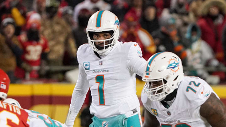 Jan 13, 2024; Kansas City, Missouri, USA; Miami Dolphins quarterback Tua Tagovailoa (1) gestures at