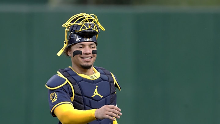 Milwaukee Brewers catcher William Contreras (24) makes his way in from the bullpen to play the Pittsburgh Pirates at PNC Park in 2024.