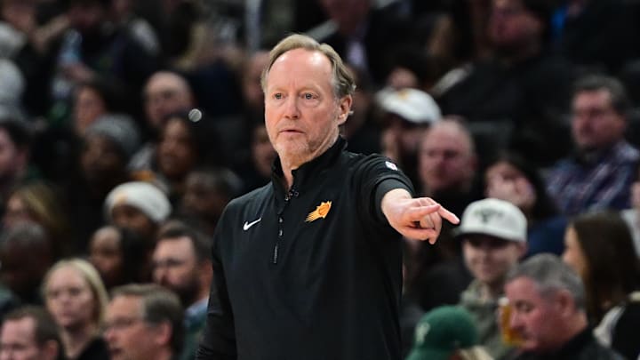 Apr 1, 2025; Milwaukee, Wisconsin, USA; Phoenix Suns head coach Mike Budenholzer reacts in the second quarter against the Milwaukee Bucks at Fiserv Forum. Mandatory Credit: Benny Sieu-Imagn Images