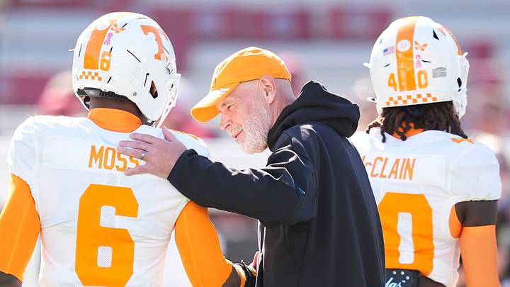 Tennessee defensive coordinator Jim Knowles with Tennessee defensive back Qua Moss (6) before a college football game between Tennessee and South Carolina at Williams-Brice Stadium in Columbia, S.C., on Oct. 24, 2026.