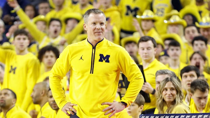 Feb 21, 2025; Ann Arbor, Michigan, USA; Michigan Wolverines head coach Dusty May looks on during the first half against the Michigan State Spartans at Crisler Center. Mandatory Credit: Brian Bradshaw Sevald-Imagn Images