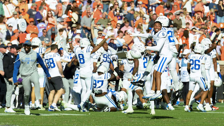 Duke Blue Devils celebrates after the final play Saturday, Nov. 1, 2025, during the NCAA football game against the Clemson Tigers at Memorial Stadium in Clemson, South Carolina. Duke Blue Devils celebrates after the final play Saturday, Nov. 1, 2025, during the NCAA football game against the Clemson Tigers at Memorial Stadium in Clemson, South Carolina.