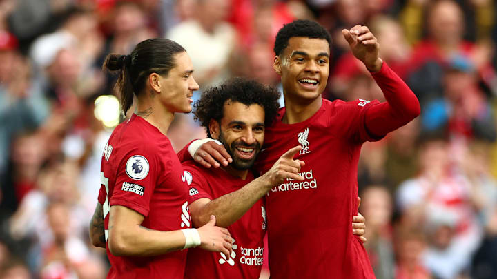 Mohamed Salah - sandwiched in the middle of Darwin Nunez (left) and Cody Gakpo (right) - cemented his place in Liverpool folklore