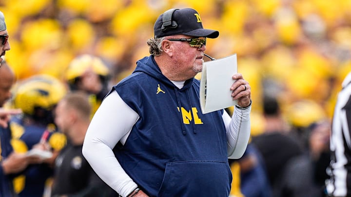 Michigan defensive coordinator Wink Martindale calls a play against Texas during the first half at Michigan Stadium in Ann Arbor on Saturday, September 7, 2024.