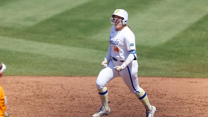 Florida infielder Madison Walker (24) rounds second after hitting a home run fduring a NCAA softball game at Katie Seashole Pressly Stadium in Gainesville, FL on Saturday, March 21, 2026. Florida won 5-2[Alan Youngblood/Gainesville Sun]